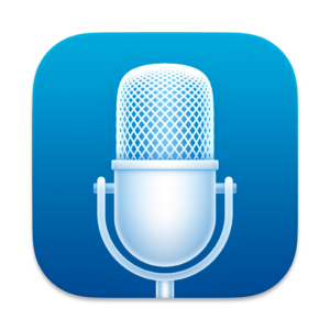 MacWhisper application icon featuring a close-up of a white microphone in vertical orientation, on a stand, against a blue gradient background in the shape of a round square.