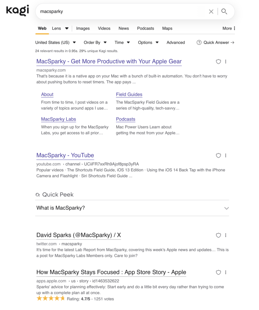 A page from search engine Kagi showing results from a ‘macsparky’ search.