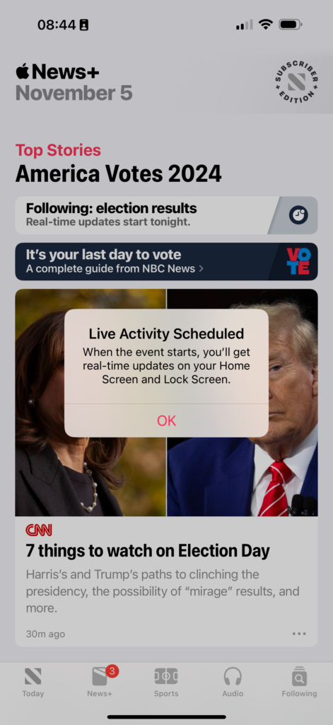 a "america votes" page from apple news showing the live activity dialog to follow election day 2024 in the united states.