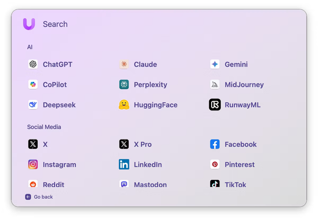 rectangular window from unite 6 app showing 2 sections of 9 icons each, on being AI and the other social media.